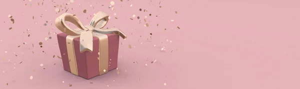 Hermosa caja de regalo con lazo dorado y cintas en fondo rosa pastel. Banner horizontal. Ilustración minimalista en 3D Imagen De Stock