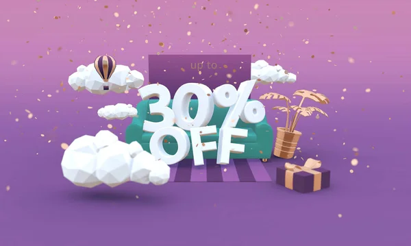 30% sleva 3d-ilustrace v kresleném stylu. Clearance, prodej, sleva koncepce. — Stock fotografie