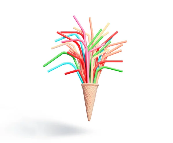 Cone de sorvete com palhas de bebida coloridas no fundo branco — Fotografia de Stock