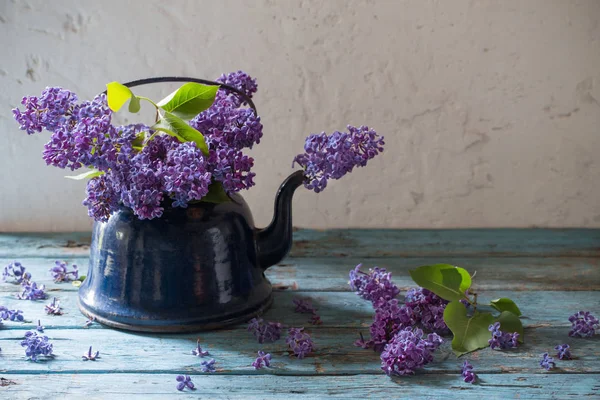 淡紫色的花，在旧的白色背景上的金属水壶 — 图库照片