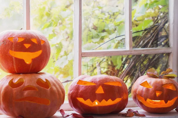 Zucche di Halloween sulla finestra — Foto Stock