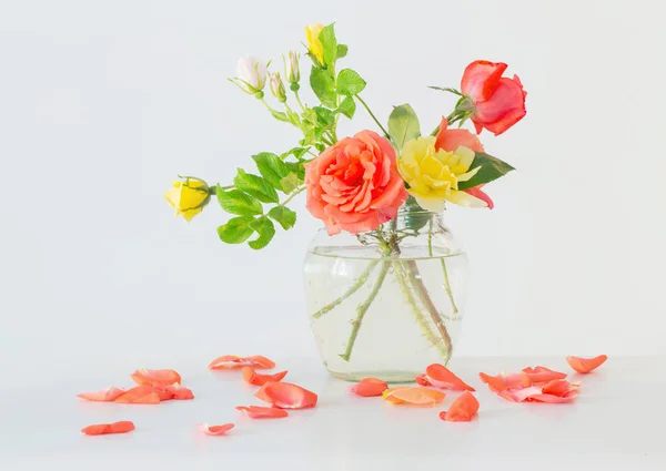 Rosas em vaso de vidro sobre fundo branco — Fotografia de Stock