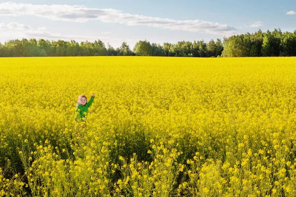 Happy little girl with in rape field — Stock Photo, Image