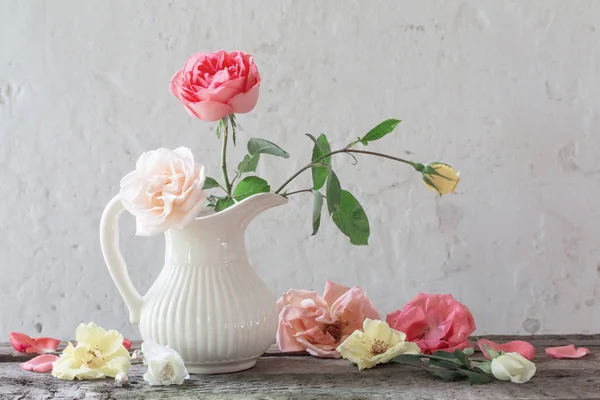Rosas em vaso no fundo branco velho — Fotografia de Stock