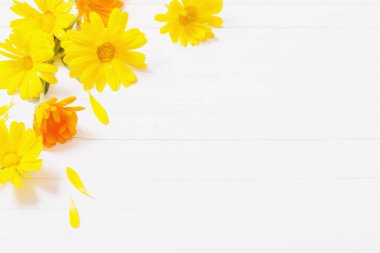 Beyaz ahşap masa Calendula (kadife çiçeği) bitkisel çay