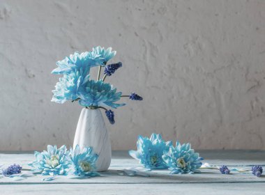 Vazoda beyaz grunge zemin üzerine mavi çiçekler