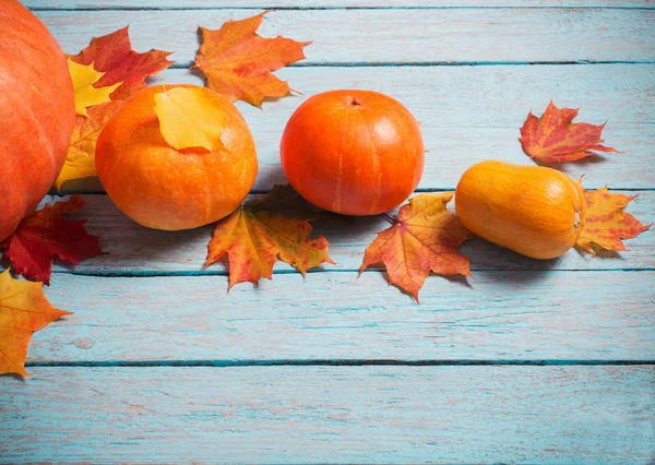 Autumn leaves and pumpkins on blue wooden background — Stock Photo, Image