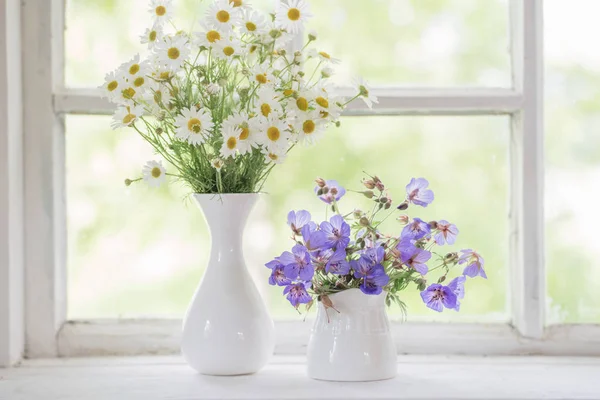 Flores en jarrones en alféizar de ventana —  Fotos de Stock