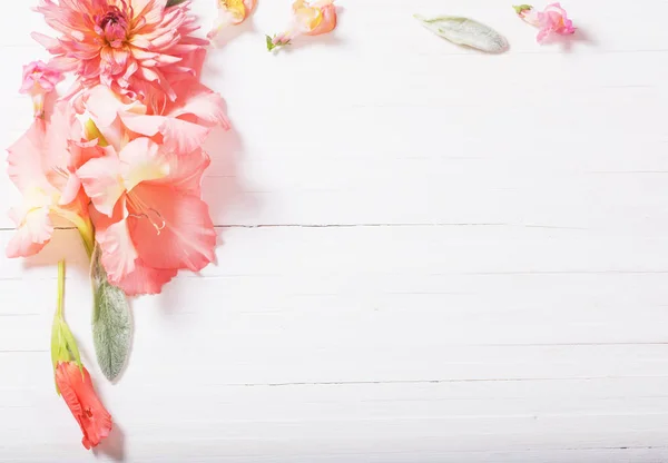 Hermosas flores sobre fondo blanco de madera — Foto de Stock