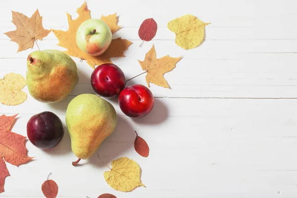 Früchte und Herbstblätter auf weißem Holzgrund — Stockfoto