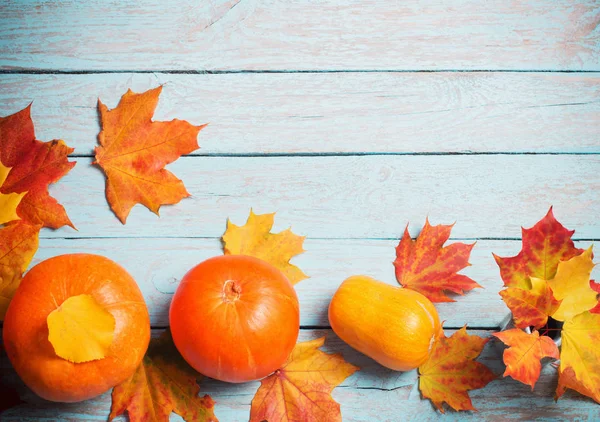 sonbahar yaprakları ve kabaklar mavi ahşap zemin üzerine