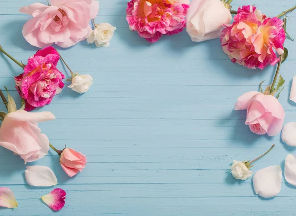 Hermosas rosas sobre fondo de madera azul — Foto de Stock