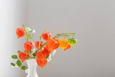 ahşap masa üzerinde kırmızı physalis