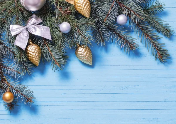 Christmas decoration on blue wooden background — Stock Photo, Image