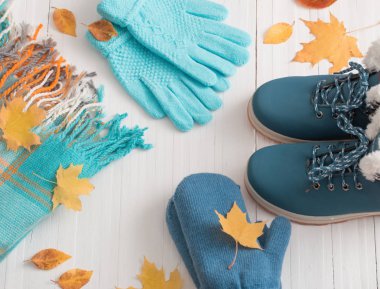 Kış Ayakkabı ve eldiven Beyaz ahşap zemin üzerinde mavi