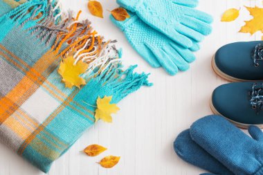 Kış Ayakkabı ve eldiven Beyaz ahşap zemin üzerinde mavi