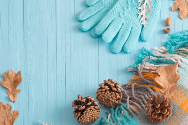 Mavi eldiven ve ahşap arka plan üzerinde sonbahar yaprakları
