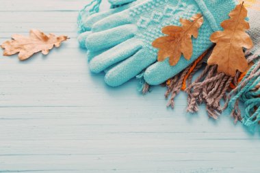 Mavi eldiven ve ahşap arka plan üzerinde sonbahar yaprakları