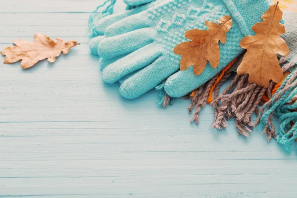 Modré rukavice a podzimní listí na dřevěné pozadí — Stock fotografie