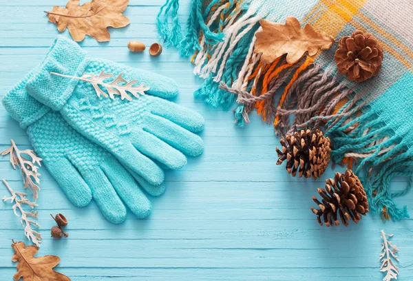 Сині рукавички і осіннє листя на дерев'яному фоні — стокове фото