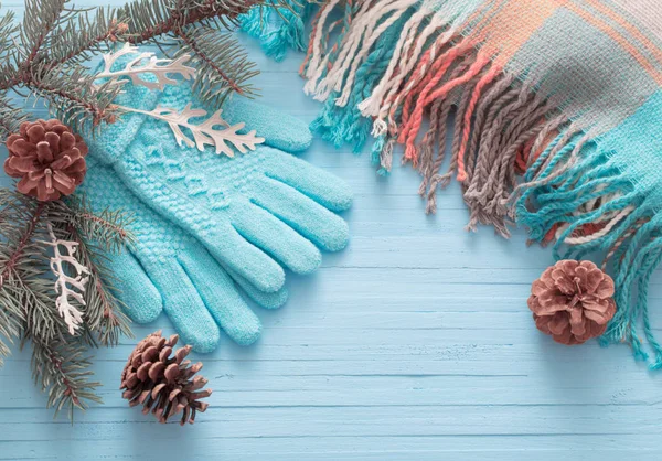 Сині рукавички та різдвяна ялиця на дерев'яному фоні — стокове фото