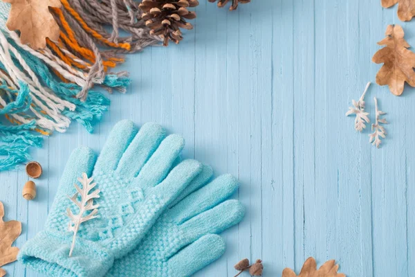 Guantes azules y hojas de otoño sobre fondo de madera — Foto de Stock