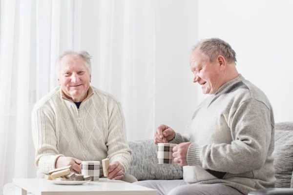 Two elderly men with cup of tea indoor — Stock Photo, Image