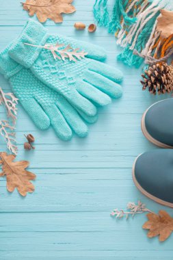 Kış Ayakkabı ve eldiven mavi ahşap zemin üzerine mavi