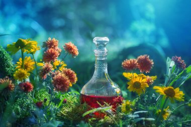 Magic potion in bottle in forest clipart