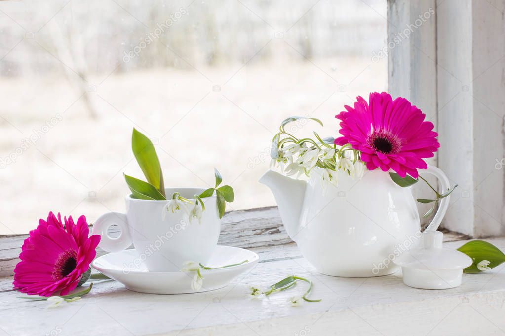 still life with gerbera and white snowdrops