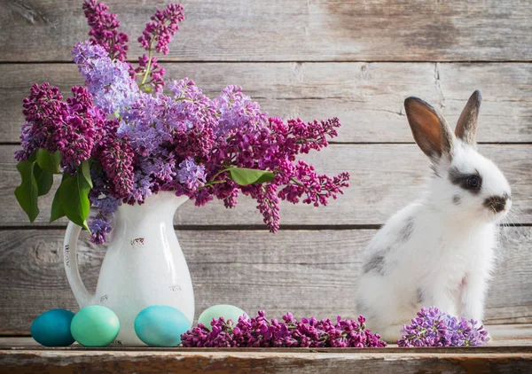 Пасхальный Кролик Сиренью Деревянном Фоне — стоковое фото