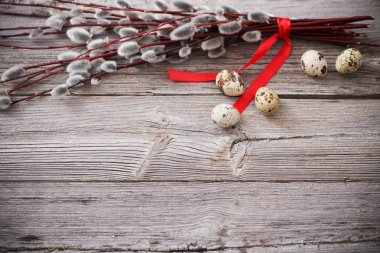 Ahşap arka plan üzerinde yumurta ile söğüt dalları