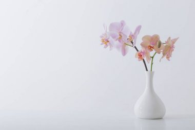 Beyaz aranjman beyaz masada güzel orkide