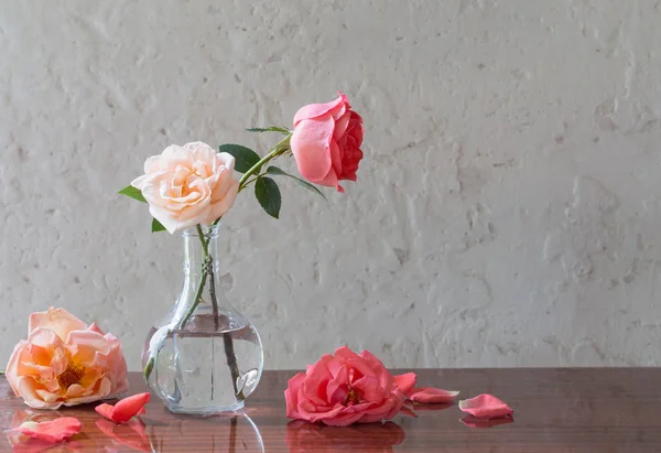 Rosas en jarrón sobre fondo blanco viejo — Foto de Stock