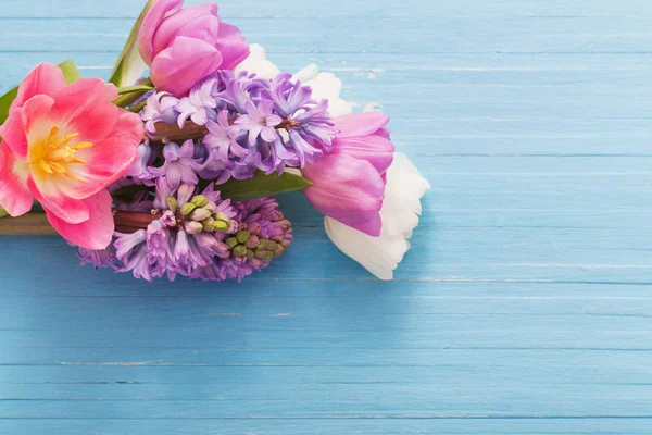 Bellissimi fiori primaverili su sfondo blu in legno — Foto Stock