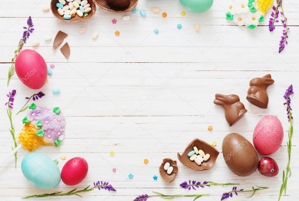 Easter Eggs Over Blue Wooden Background