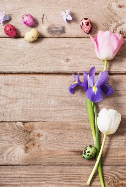 Ovos de Páscoa com flores de primavera em fundo de madeira — Fotografia de Stock