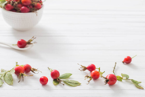 berries of a dogrose on a wooden background