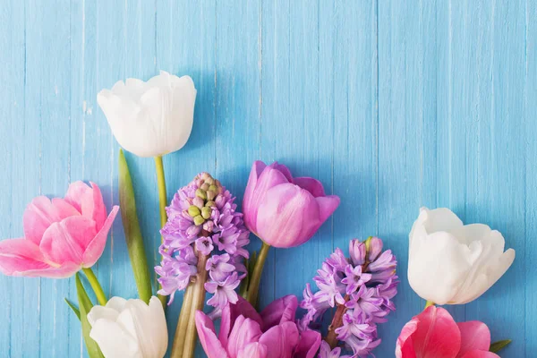 Bellissimi fiori primaverili su sfondo blu in legno — Foto Stock