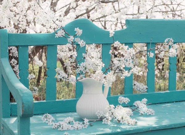 White spring flowers on bench in garden — Stock Photo, Image