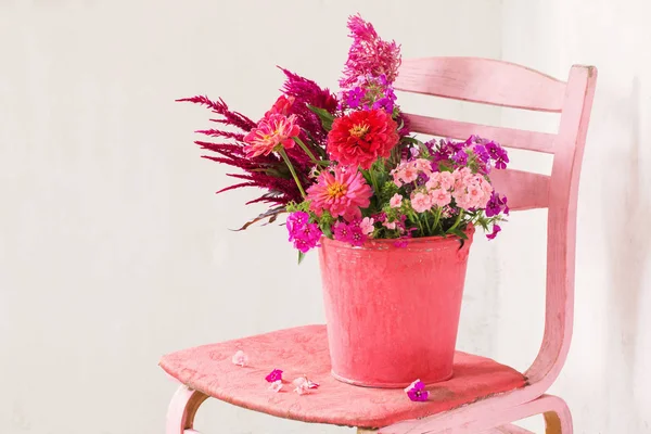Rosa Blumen im Eimer auf weißem Hintergrund — Stockfoto
