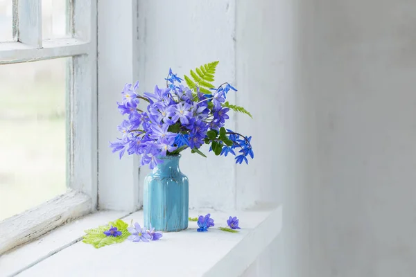 Blue snowdrops on windowsill — Stock Photo, Image