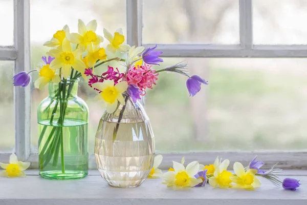 Flores de primavera no peitoril da janela — Fotografia de Stock