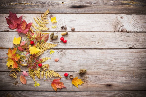 Berriae rosse e foglie autunnali su fondo di legno antico — Foto Stock