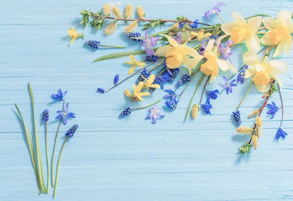 Żółty i niebieski wiosennych kwiatów na podłoże drewniane — Zdjęcie stockowe
