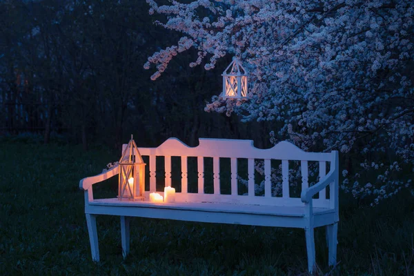 Lanterna com vela ardente na árvore de cereja de primavera — Fotografia de Stock