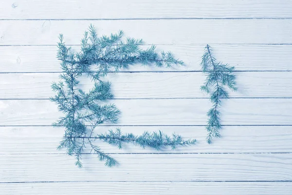 Κλαδάκια άρκευθου σε λευκό ξύλινο φόντο. Χριστούγεννα και Νέα — Φωτογραφία Αρχείου