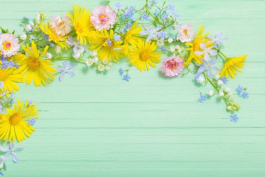 yeşil ahşap arka planda güzel çiçekler çerçevesi