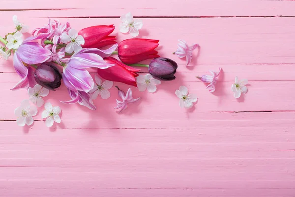 Flores de primavera sobre fondo de madera rosa — Foto de Stock