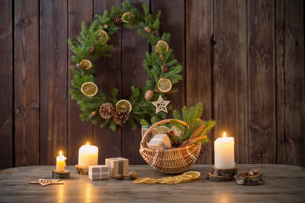 Christmas decoration on old wooden background — Stock Photo, Image